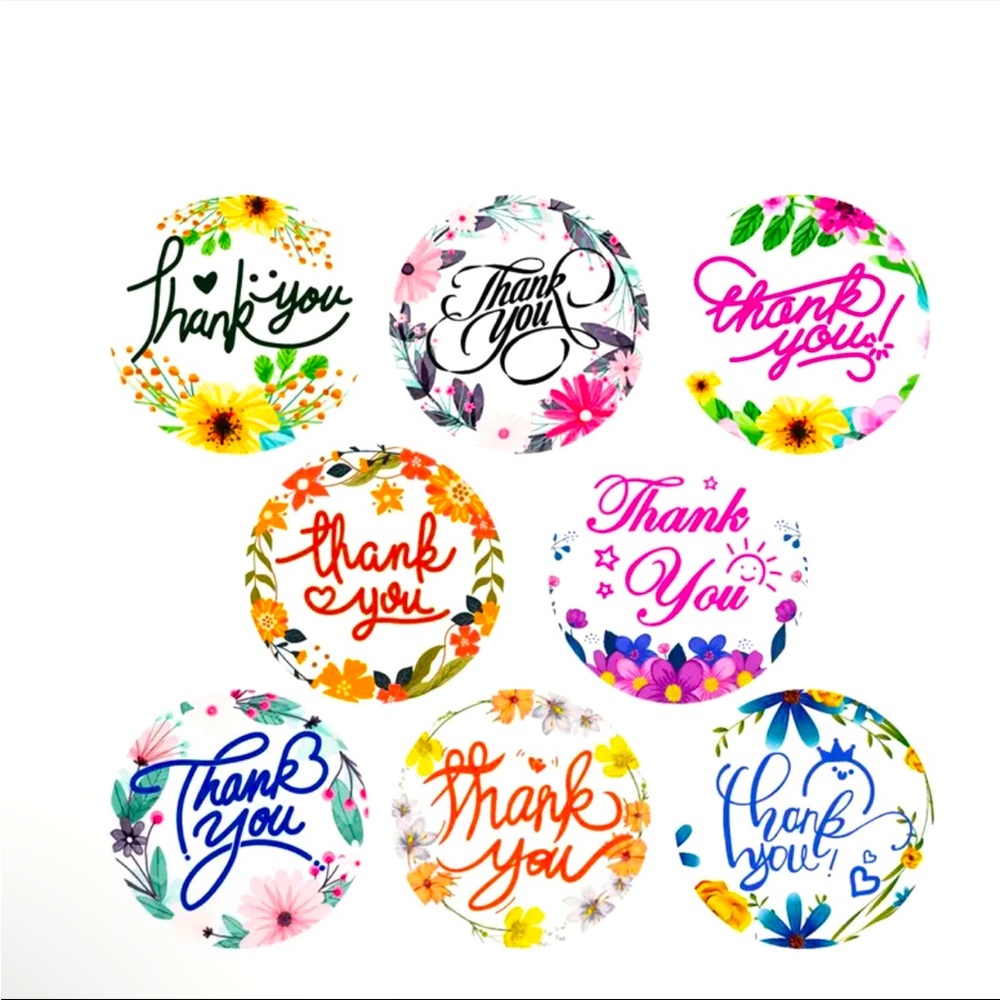 Roll of 500 Thank You Round Floral Stickers Bright Colors